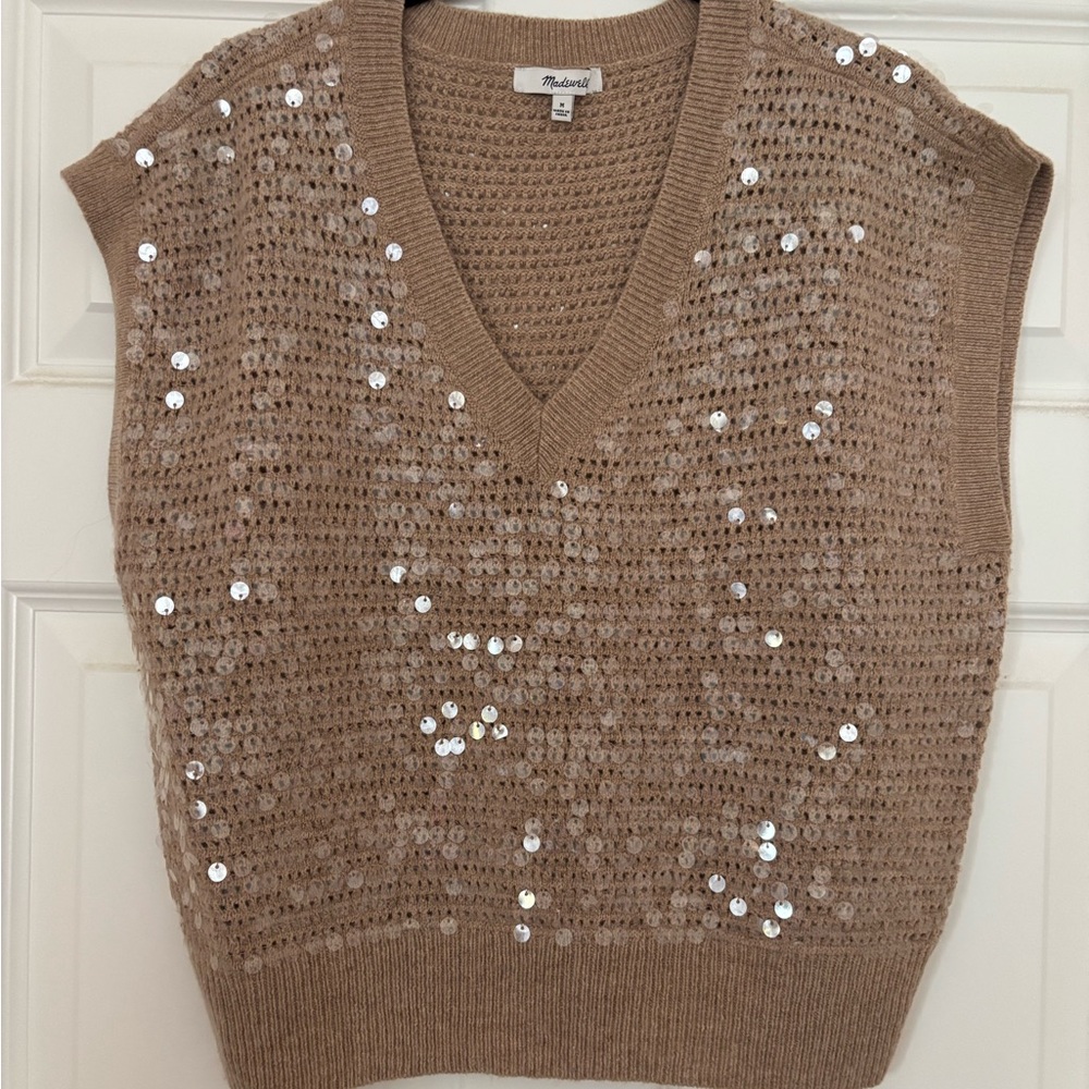 Madewell Sequin Embellished Brown V-Neck Sweater